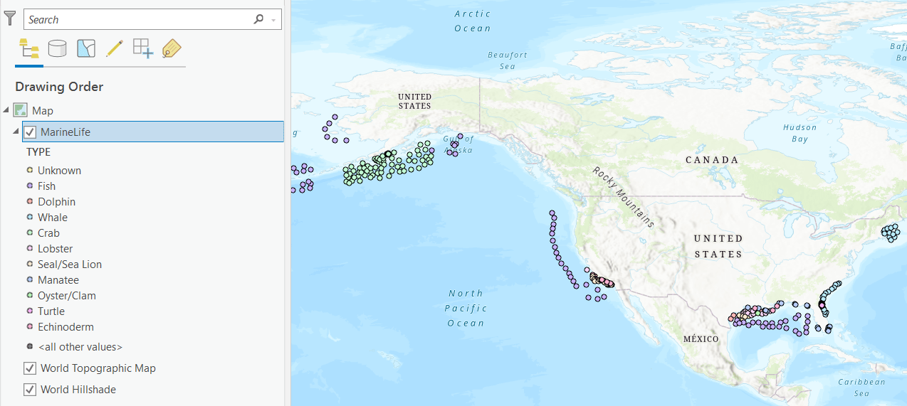 MarineLife feature class added to the Map