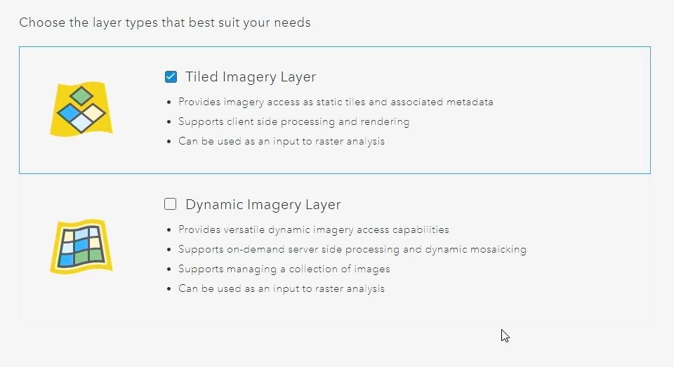 Imagery can be hosted as a Tiled Imagery Layer or Dynamic Imagery Layer