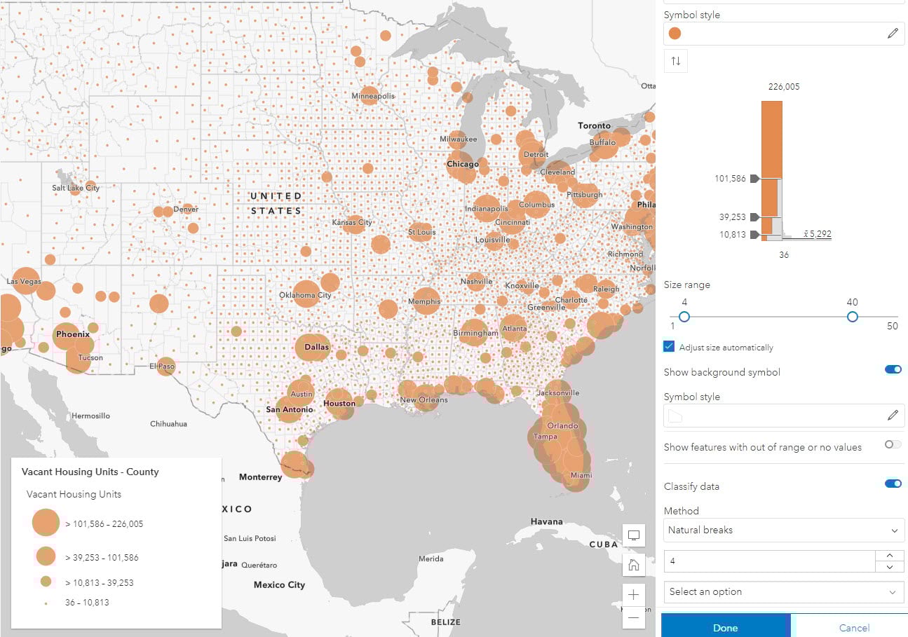 Classified map of vacant housing units, in which each county gets one of only four sizes. Classified map of vacant housing units, in which each county gets one of only four sizes.