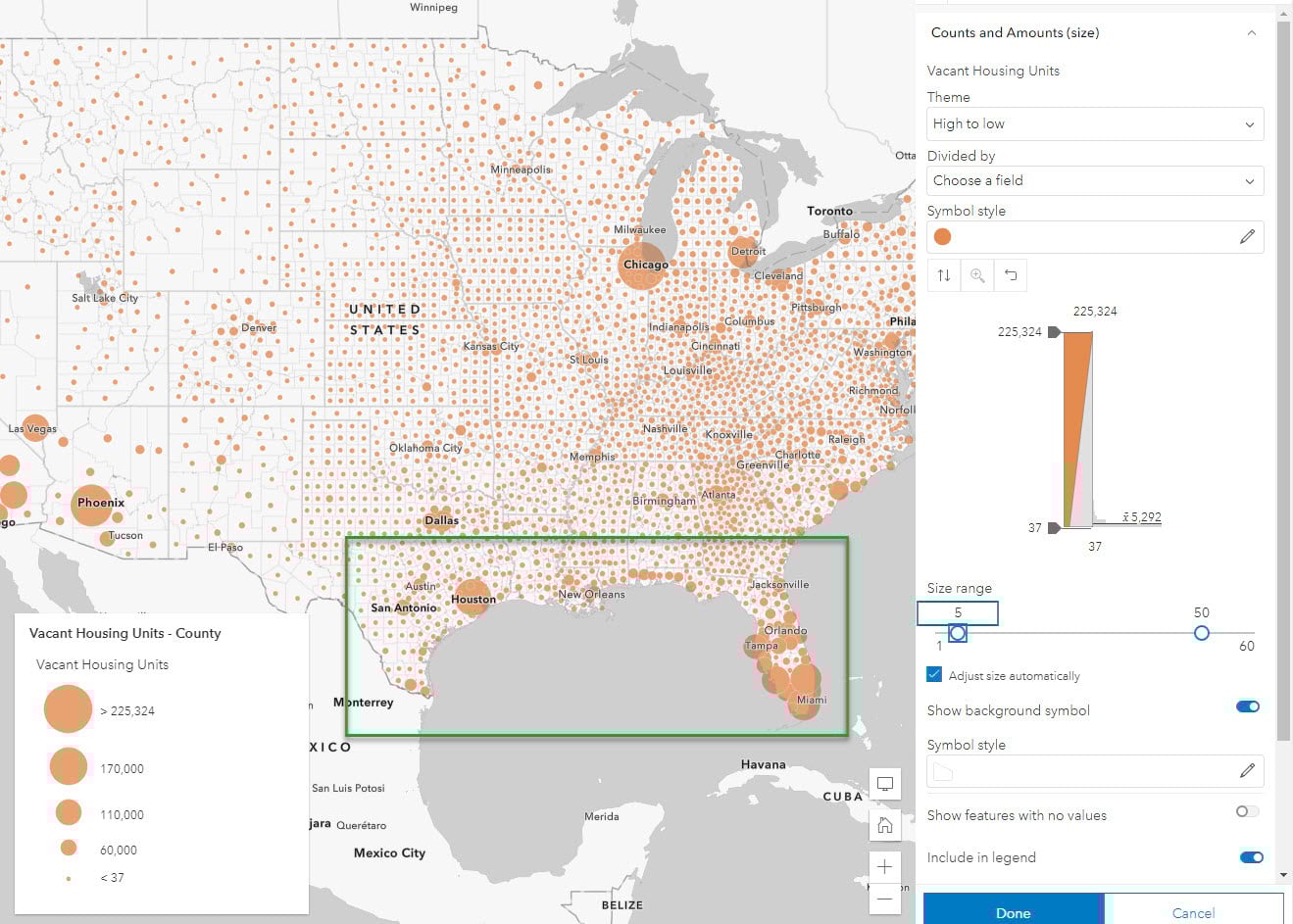An unclassed map of vacant housing units, in which each value gets its own uniquely-sized symbol. In FL and the Gulf Coast, each county's symbol is a slightly different size. An unclassed map of vacant housing units, in which each value gets its own uniquely-sized symbol. In FL and the Gulf Coast, each county's symbol is a slightly different size.