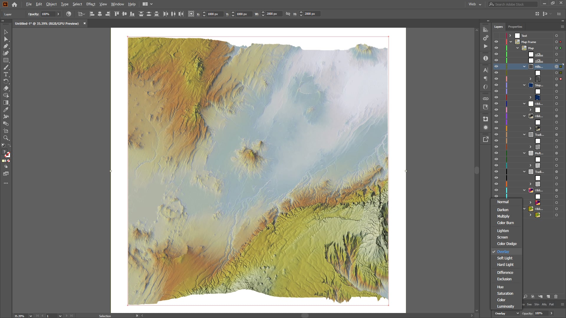 Plan Oblique terrain map in Illustrator. Plan Oblique terrain map in Illustrator.