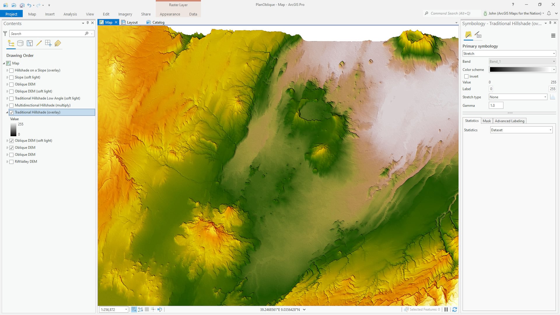 Hillshade with overlay blend mode. Hillshade with overlay blend mode.