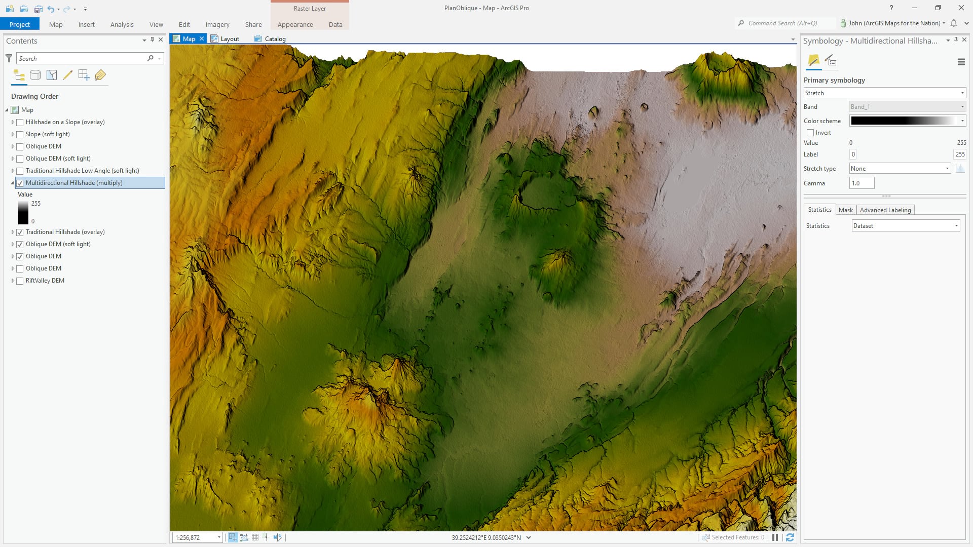 Multidirectional hillshade with a multiply blend mode. Multidirectional hillshade with a multiply blend mode.