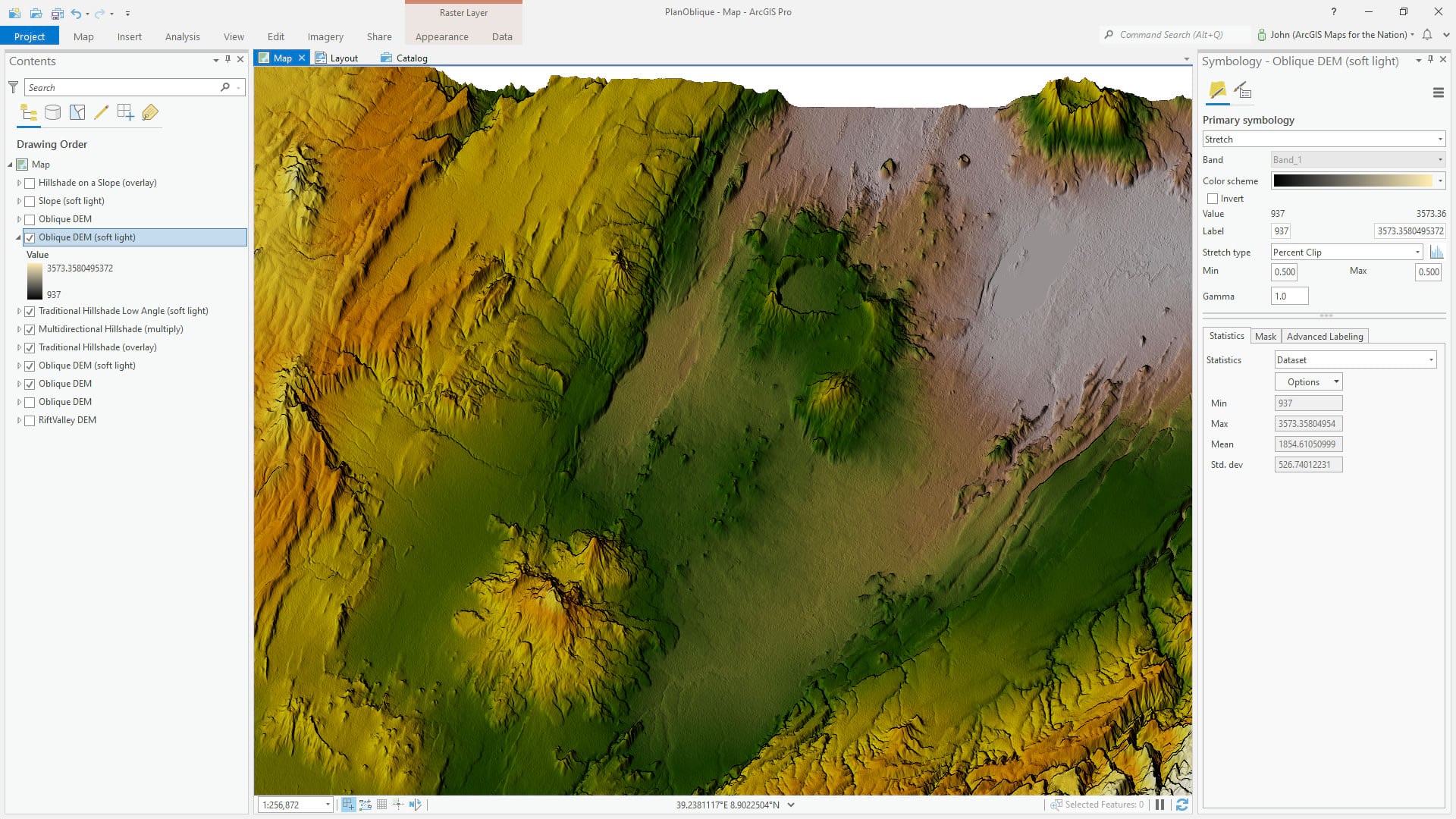 Darkening lower elevation areas. Darkening lower elevation areas.