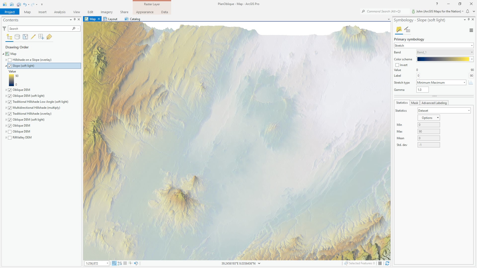 A slope raster function helps bring back texture, and a blue to yellow palette helps convey direct or scattered light. A slope raster function helps bring back texture, and a blue to yellow palette helps convey direct or scattered light.