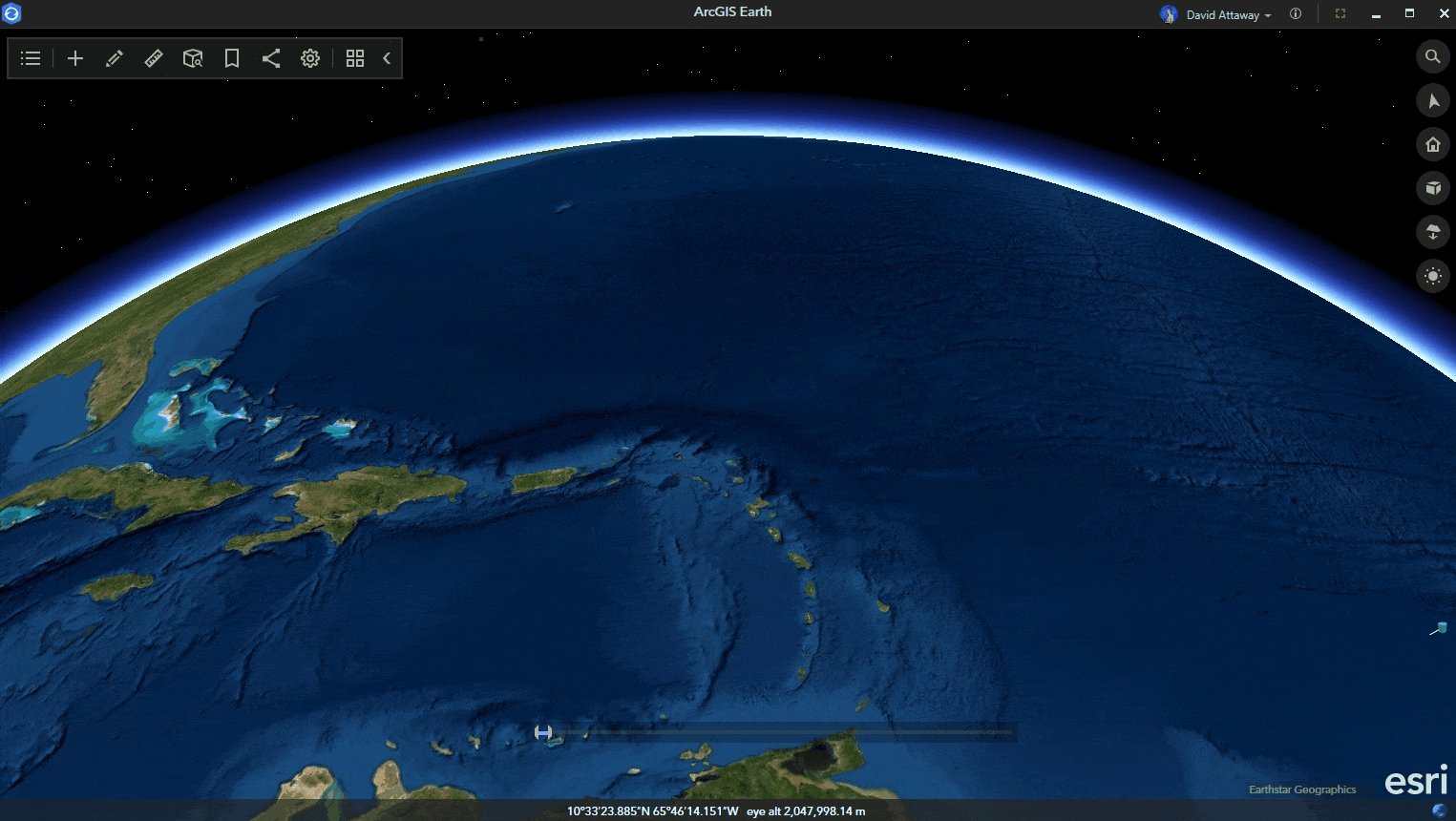Animated GIF displaying data points as pins being dropped on a 3D globe to track the path of Hurricane Dorian
