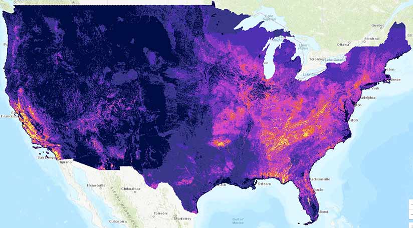 Map of the United States showing Imperiled Species. Dark Purple areas in the midwest and near the great-lakes indicate larger species richness. Light pink to orange areas in the east coast indicate less imperiled species richness.