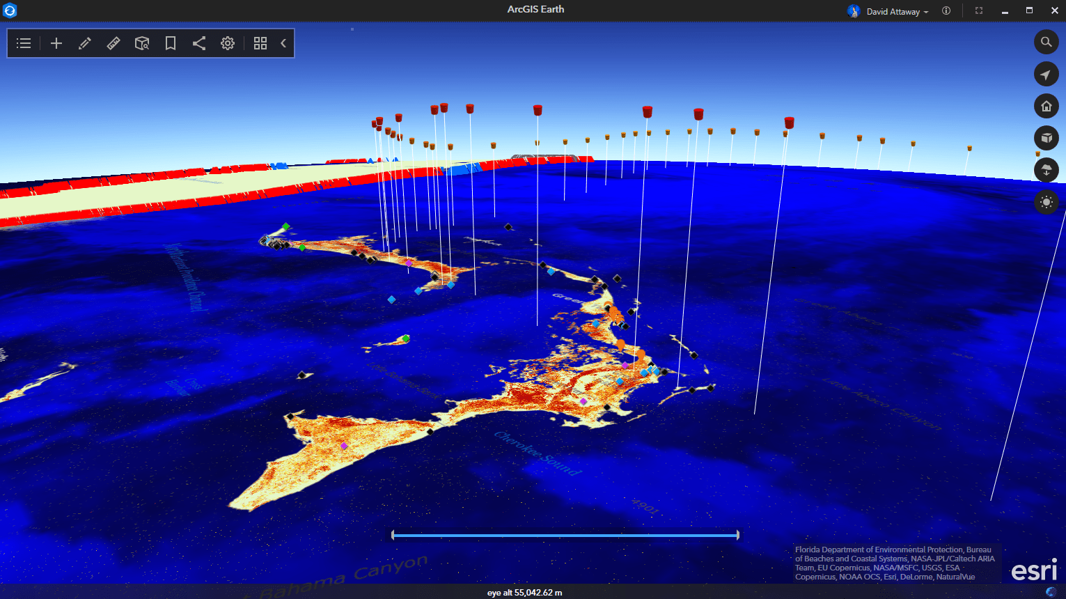 Damage assessment of Hurricane Dorian displayed on a 3D globe Damage assessment of Hurricane Dorian displayed on a 3D globe