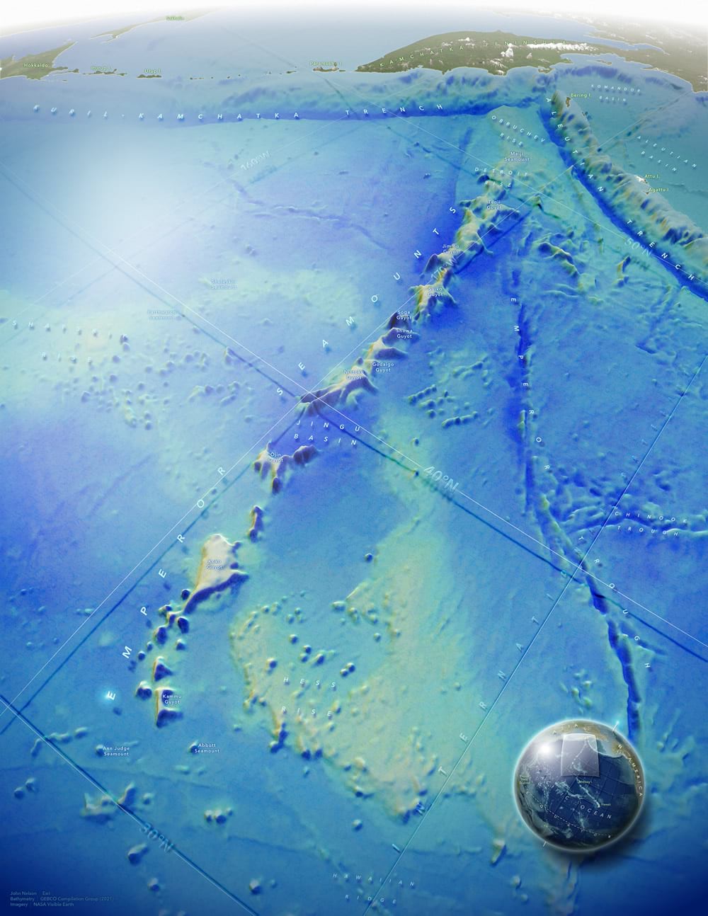 Map of the Emperor Seamounts in the northern Pacific ocean.