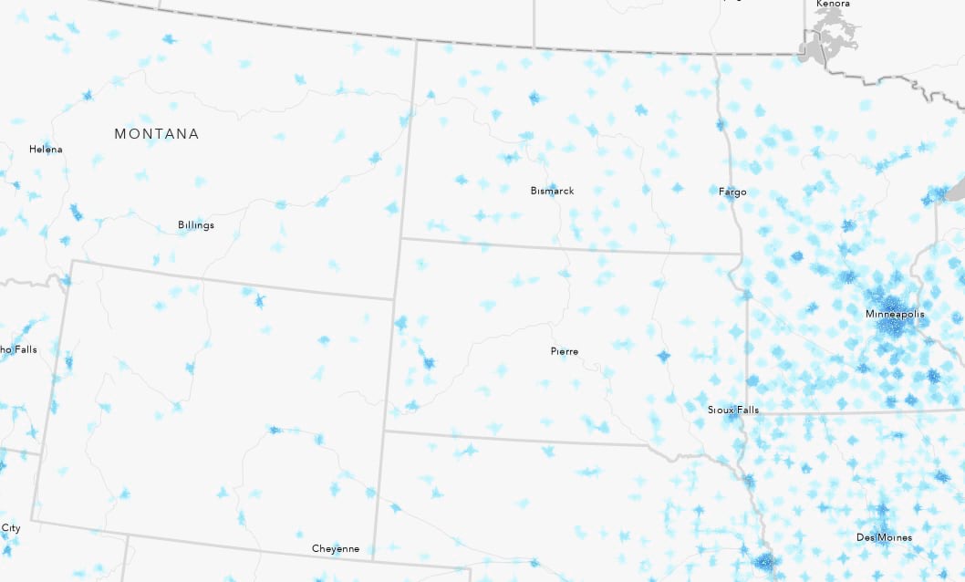 Map showing how few stores there are in the Northern USA.
