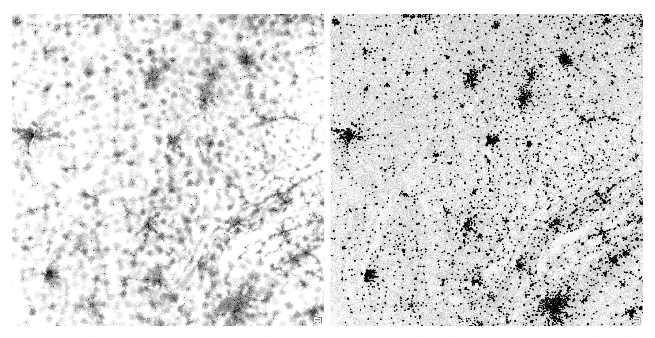 The data in its raw form as a raster and point file unsymbolized in grey and black. The data in its raw form as a raster and point file unsymbolized in grey and black.