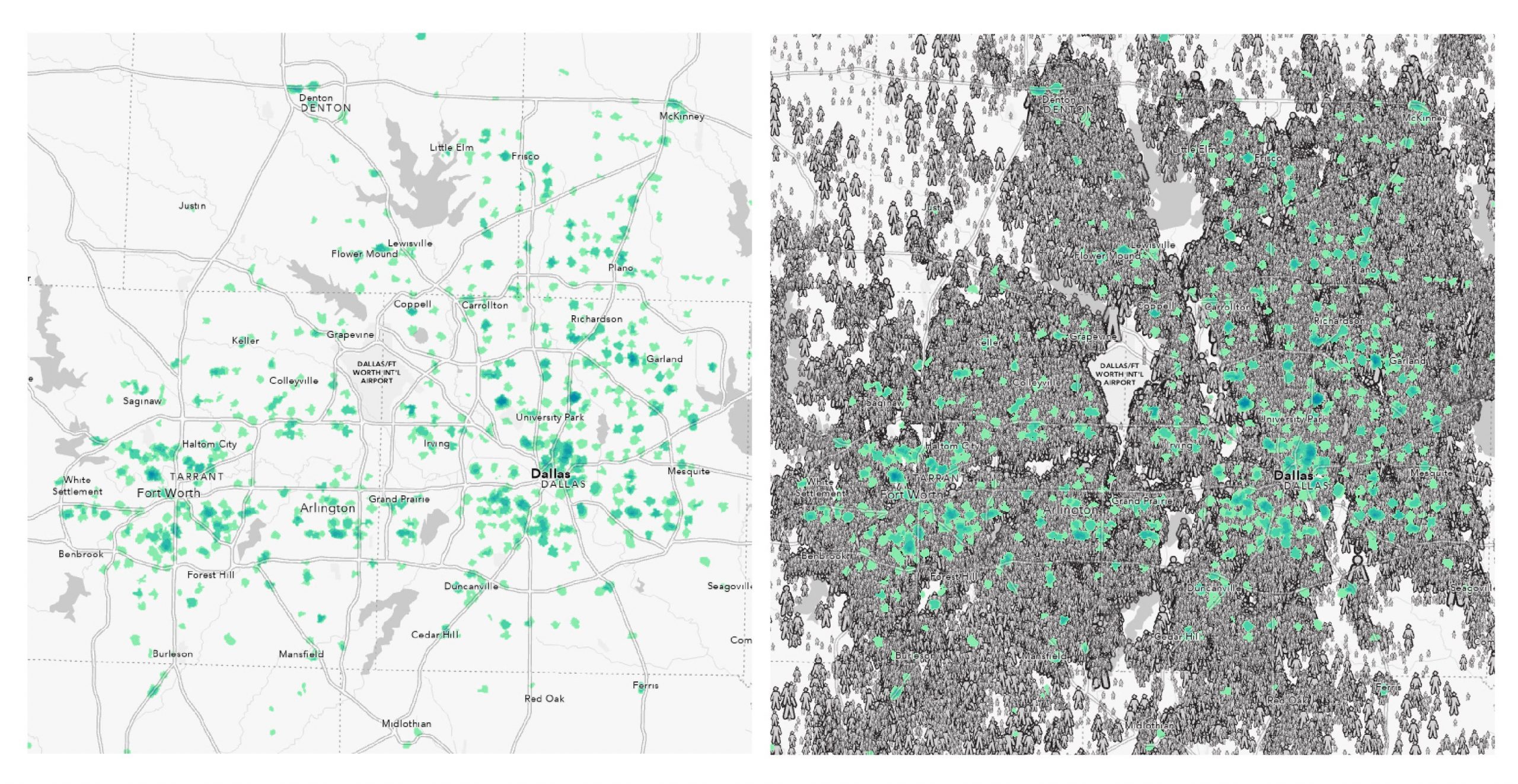 Dallas/Fort Worth showing few walking options to an area with massive population. Dallas/Fort Worth showing few walking options to an area with massive population.