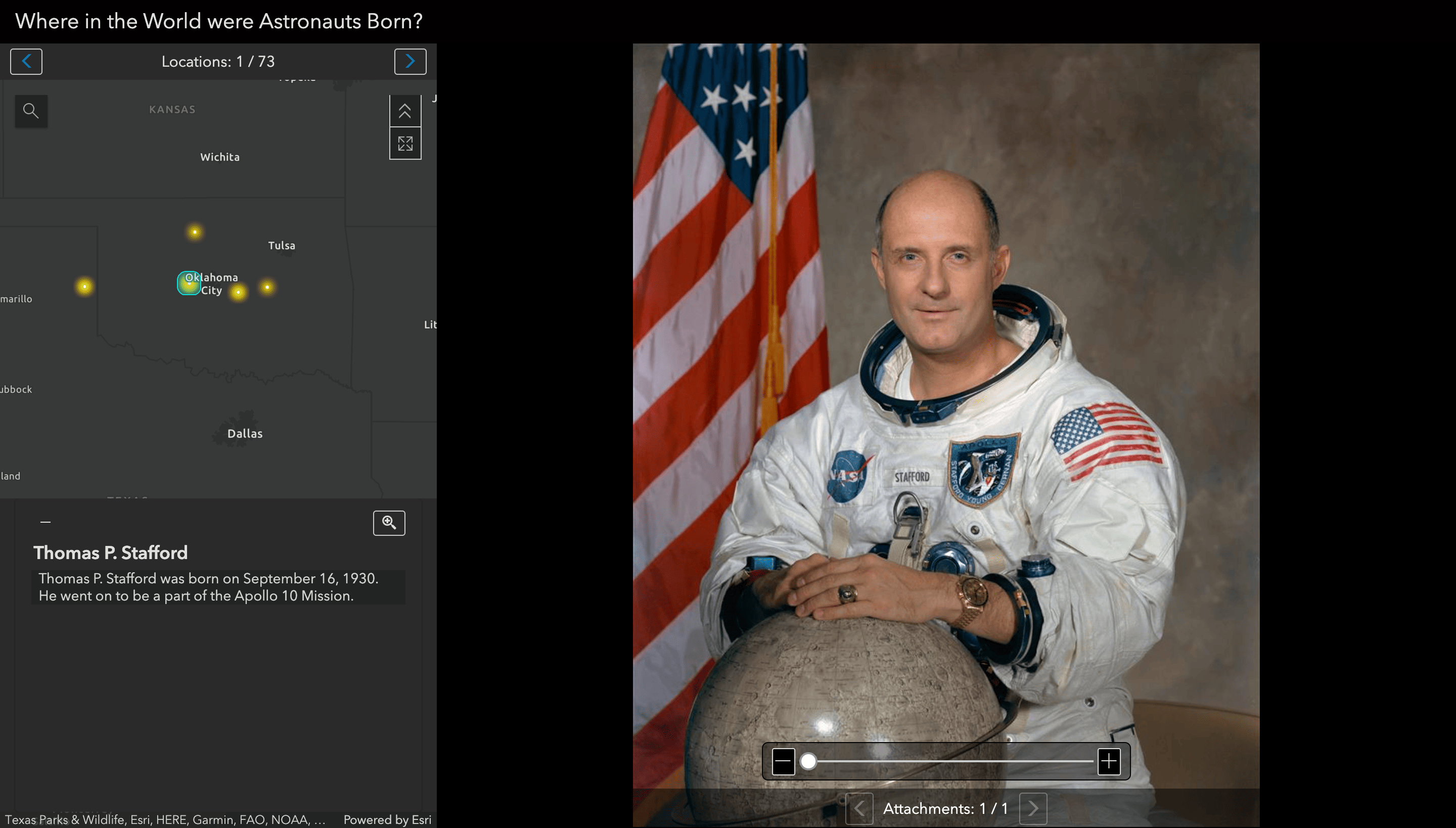 A Attachment Viewer Instant App opened to Astronaut Thomas Stafford and his birthplace