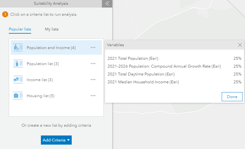 Popular criteria lists in Suitability Analysis Popular criteria lists in Suitability Analysis