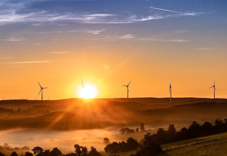 Windmills on a rolling hillside