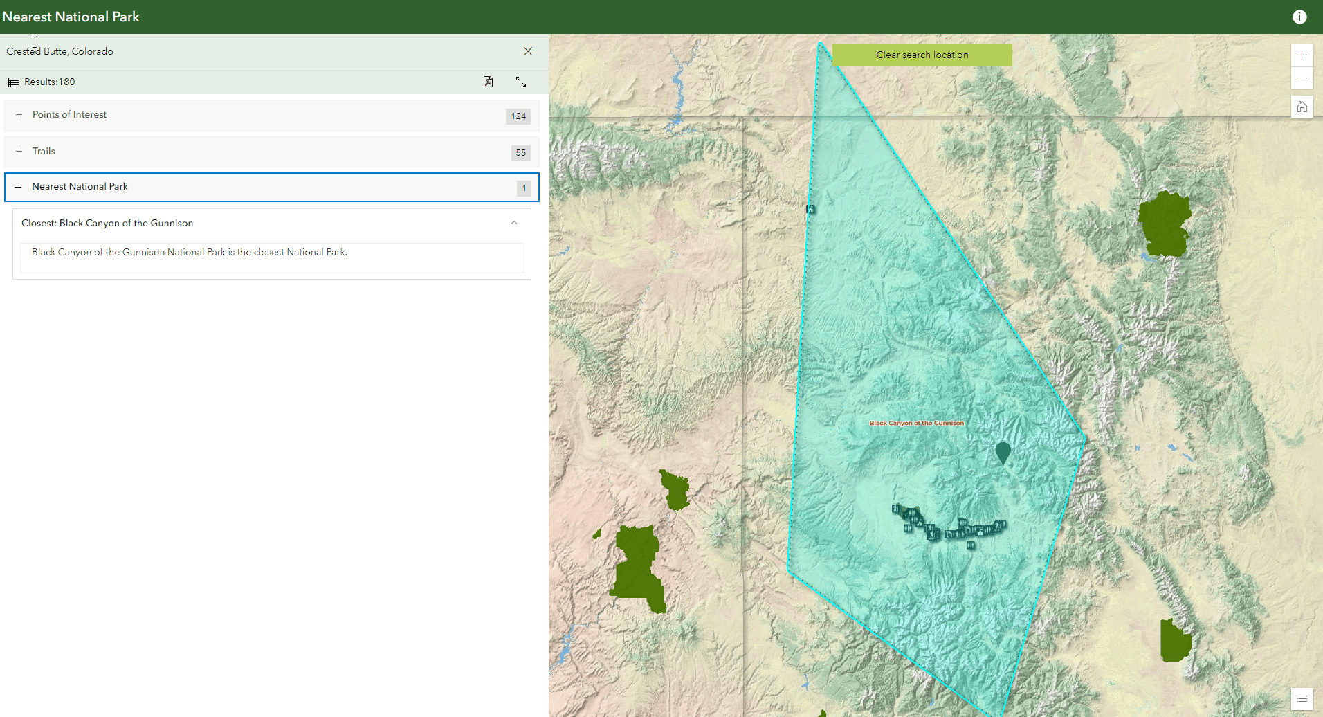 Search results showing closest national park