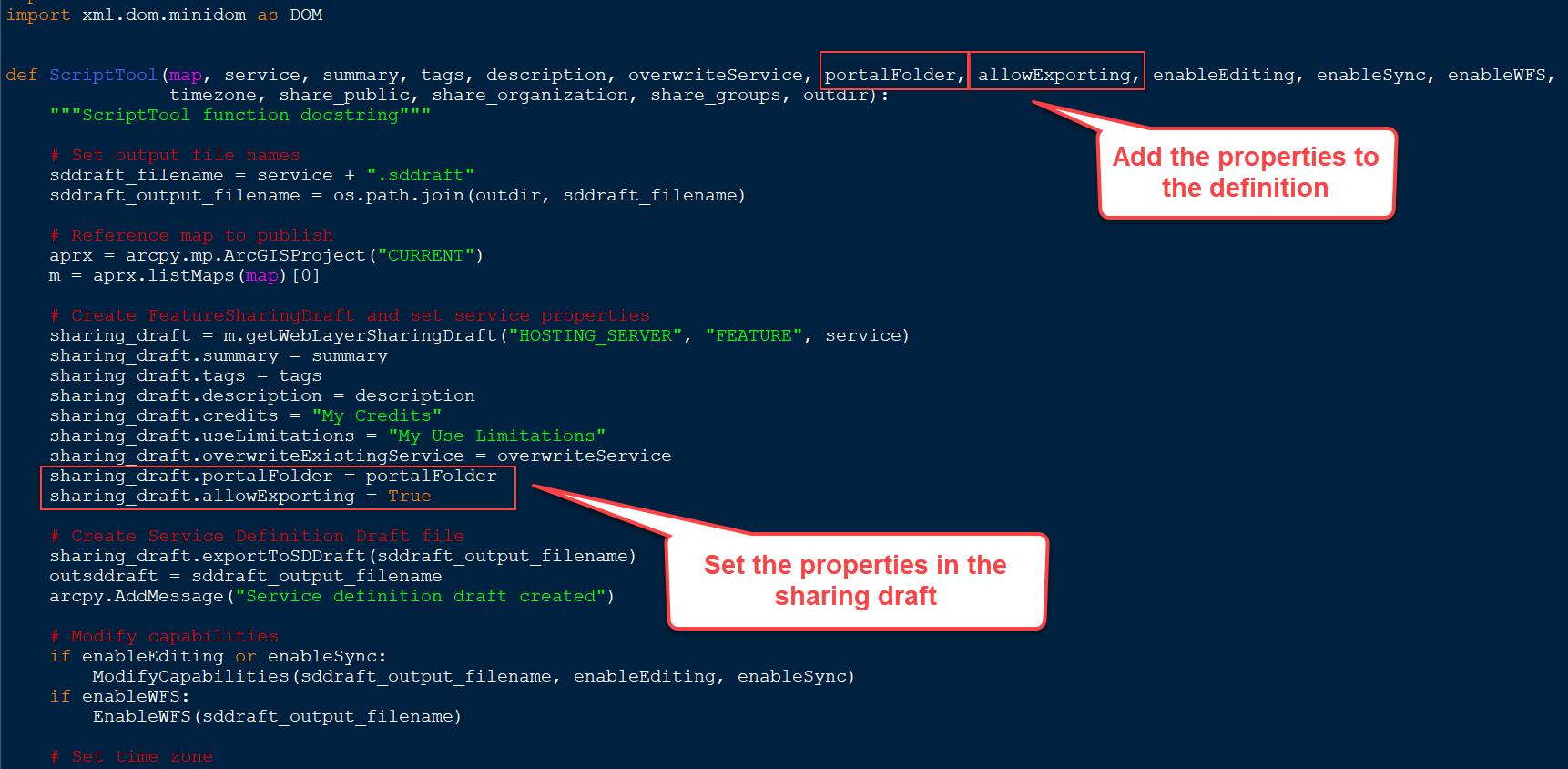 Modify the Python file to include portal and export properties