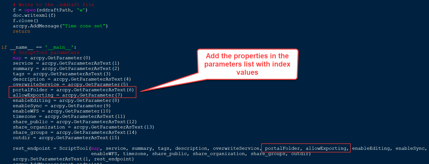 Modify the Python file to include portal and export properties