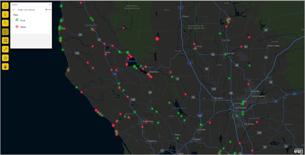 An ArcGIS for Power BI map styled with Firefly symbols An ArcGIS for Power BI map styled with Firefly symbols