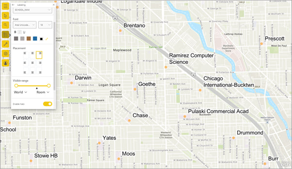 Locations on an ArcGIS for Power BI map with labels enabled