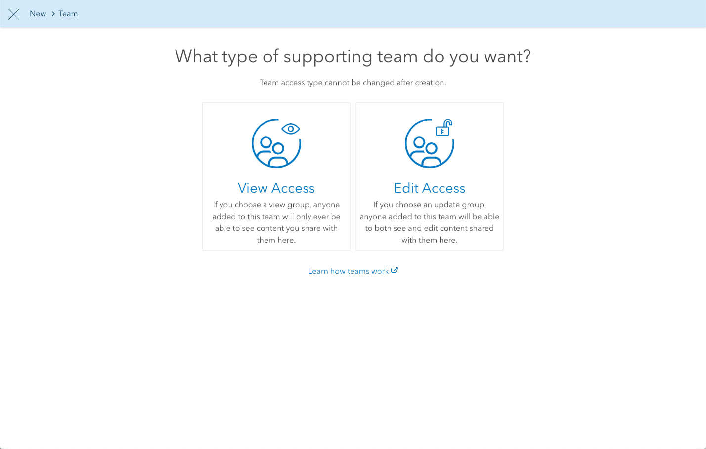 The new option to create a supporting team with edit access is available next to the option to create a supporting team with view access. The new option to create a supporting team with edit access is available next to the option to create a supporting team with view access.