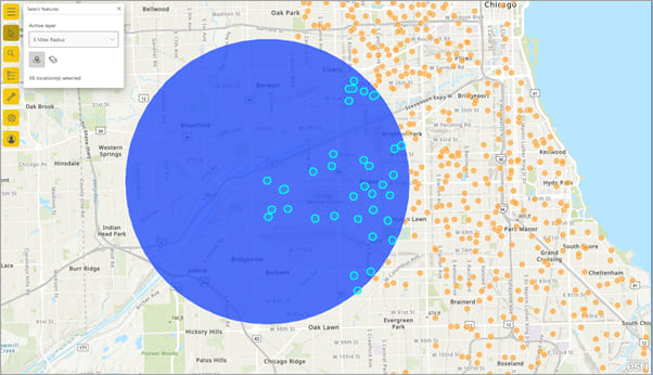 A ring buffer with points inside the search area selected A ring buffer with points inside the search area selected