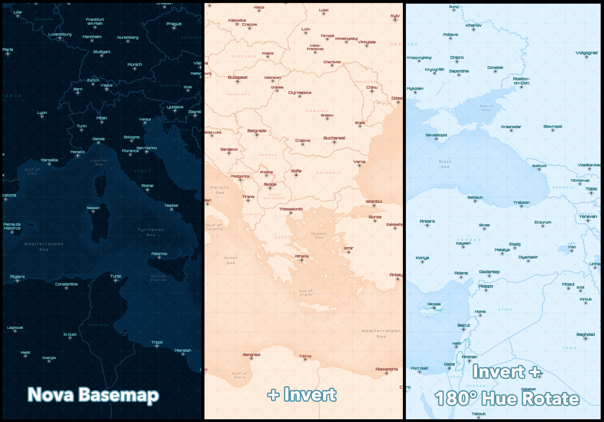 NOVA basemap transformd using invert and hue rotate