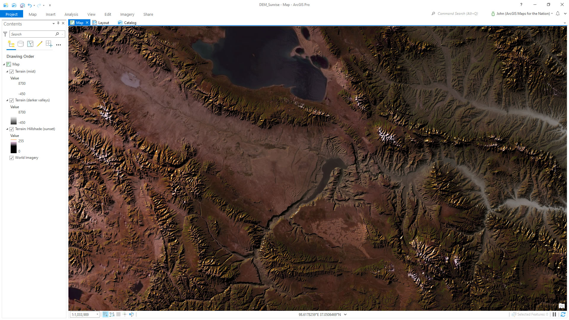 Sunrise illumination effect in ArcGIS Pro. Sunrise illumination effect in ArcGIS Pro.