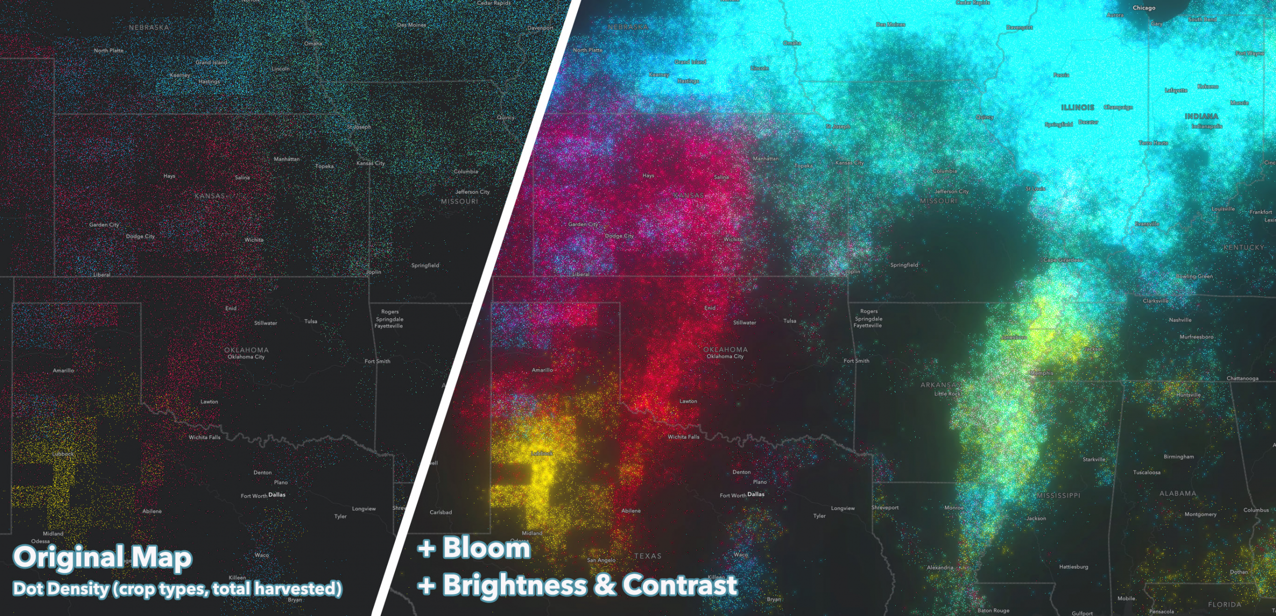 Dot density map on dark background with bright colorful glowing symbols