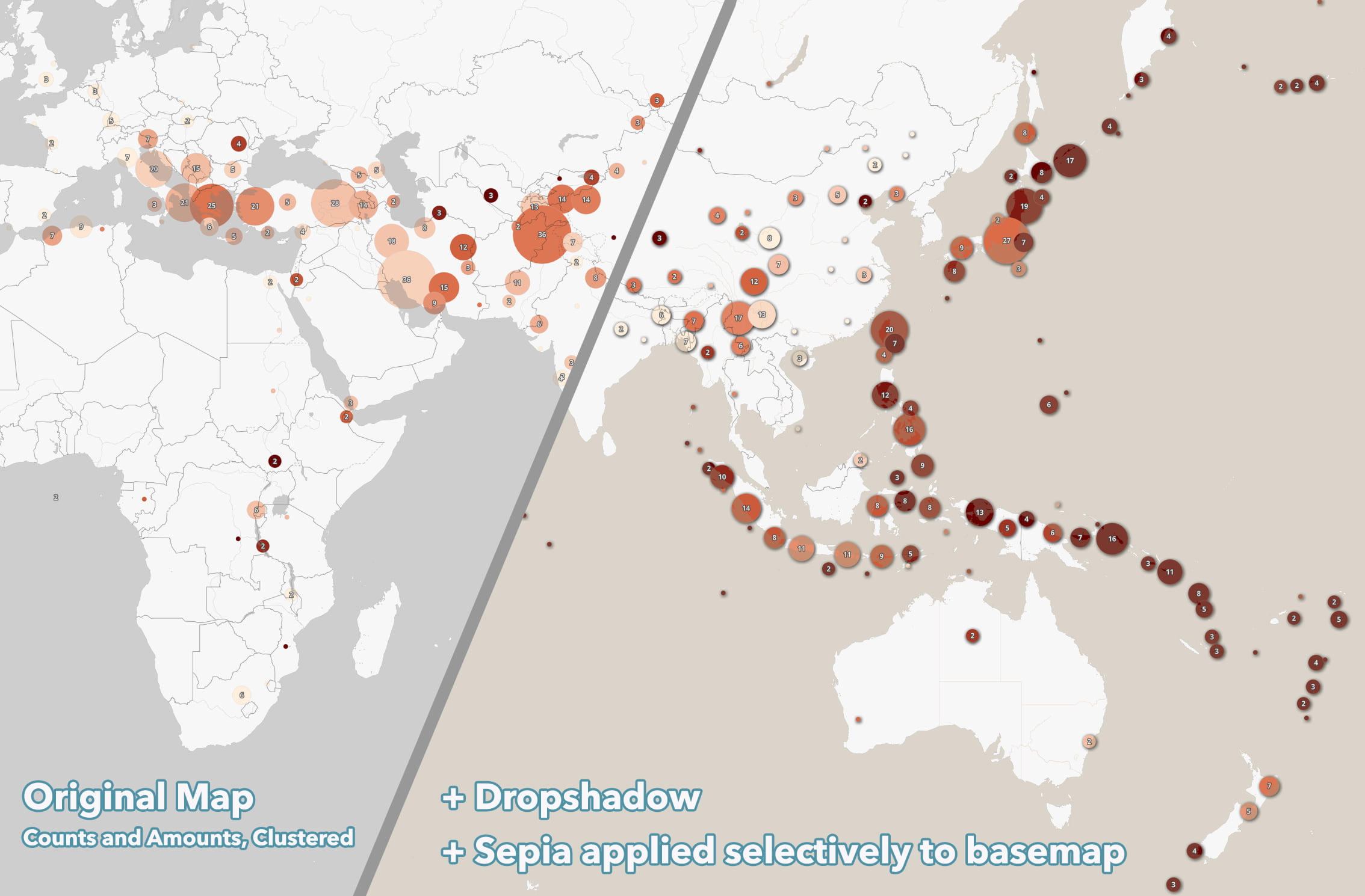 map or major earth quakes with dropshadow applied to proportional circles