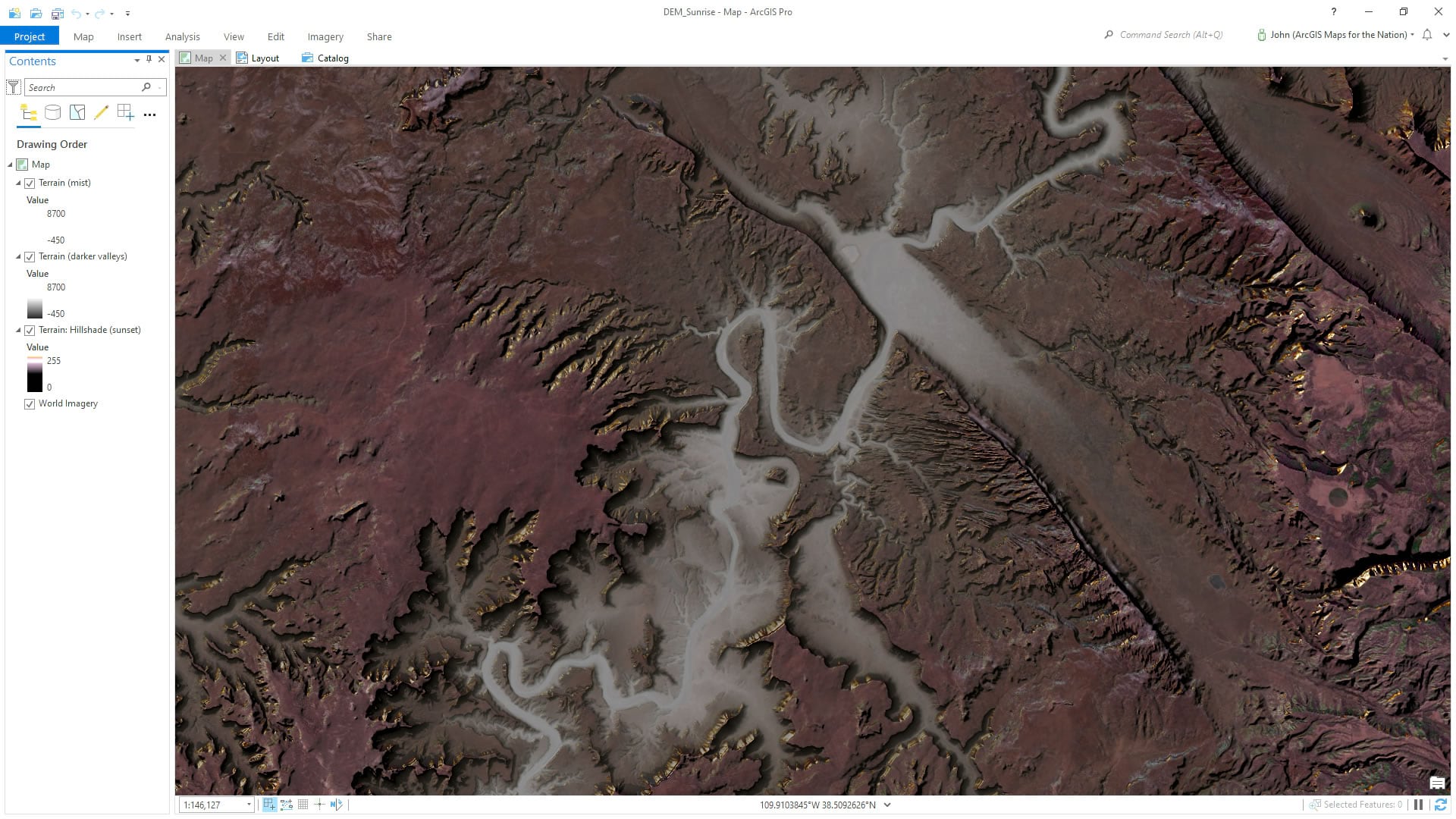 Sunrise illumination effect in ArcGIS Pro. Sunrise illumination effect in ArcGIS Pro.