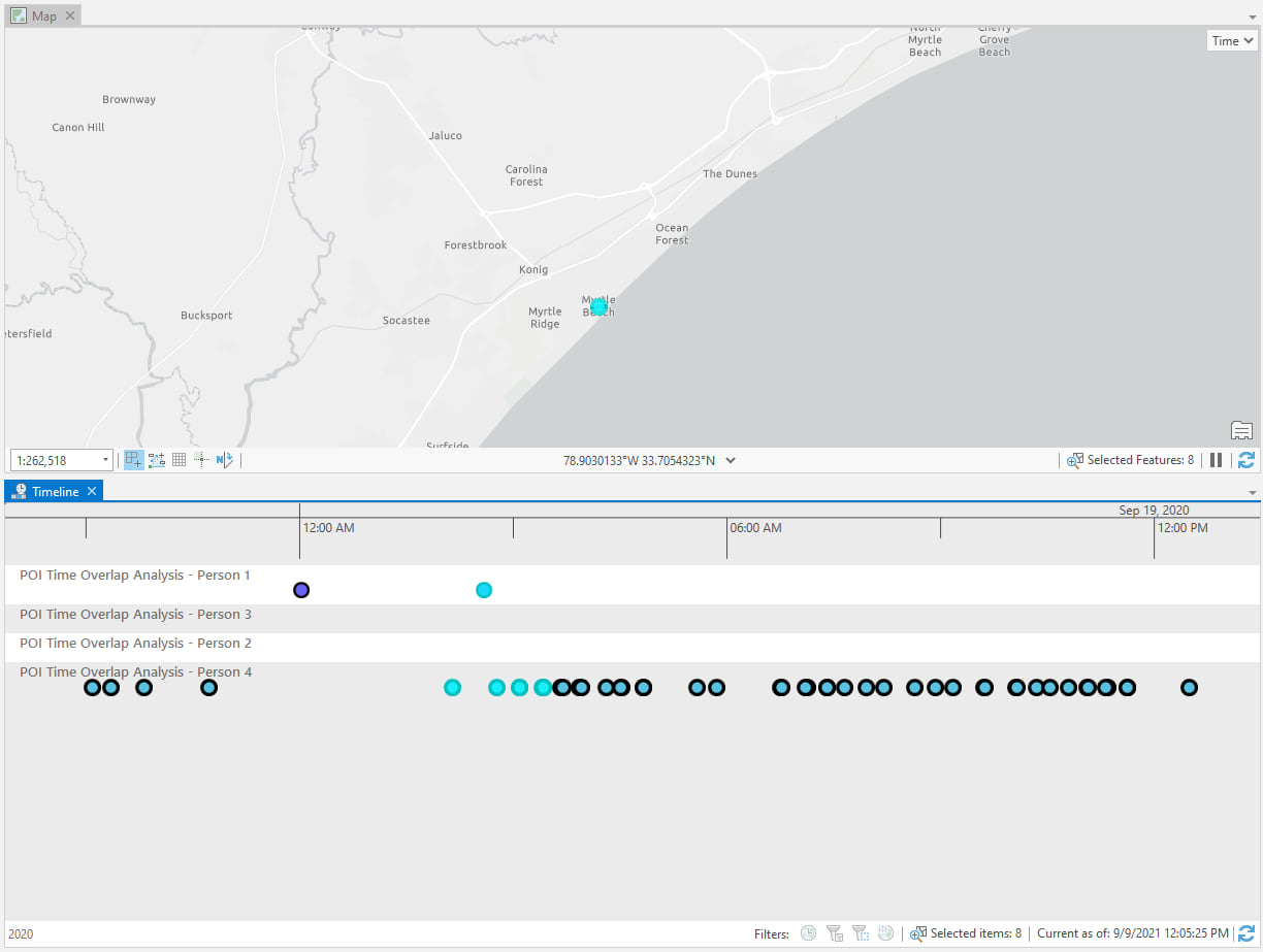 Highlight individuals and places of interest using the Timeline tool and Map in ArcGIS Pro Intelligence.