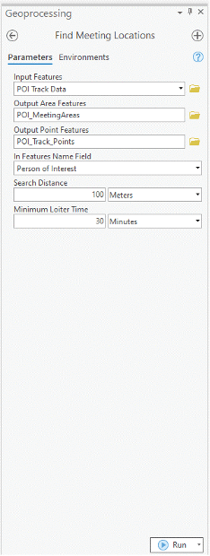 Set parameters to locate individuals using the Find Meeting Locations geoprocessing tool in ArcGIS Pro Intelligence. Set parameters to locate individuals using the Find Meeting Locations geoprocessing tool in ArcGIS Pro Intelligence.