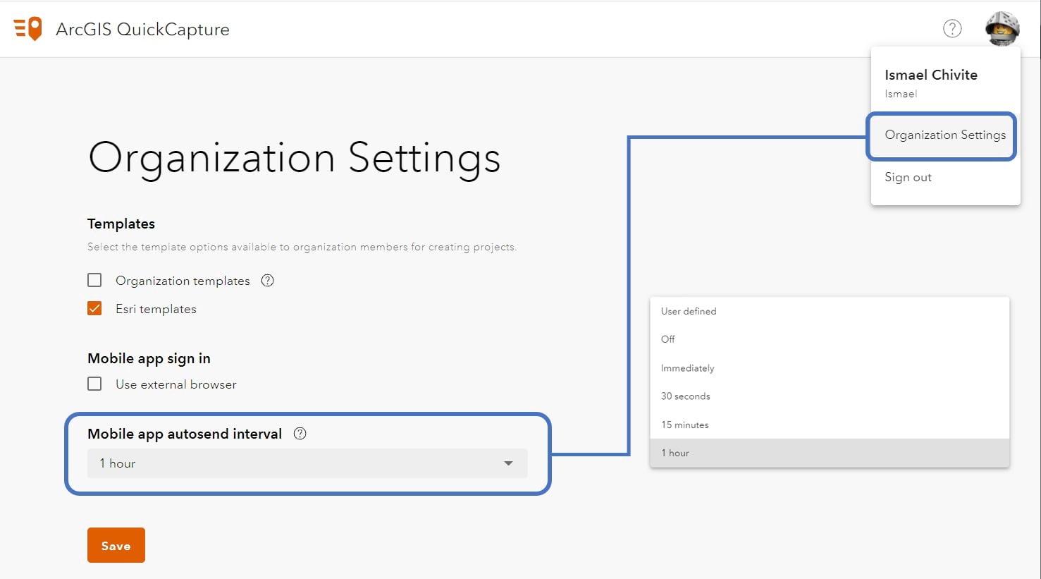 QuickCapture organizational settings dialgo shown