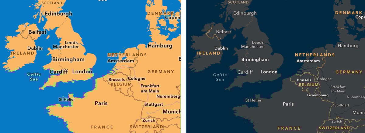 The Light gray basemap with added strong colors, and the Dark Gray basemap with adjusted labels The Light gray basemap with added strong colors, and the Dark Gray basemap with adjusted labels