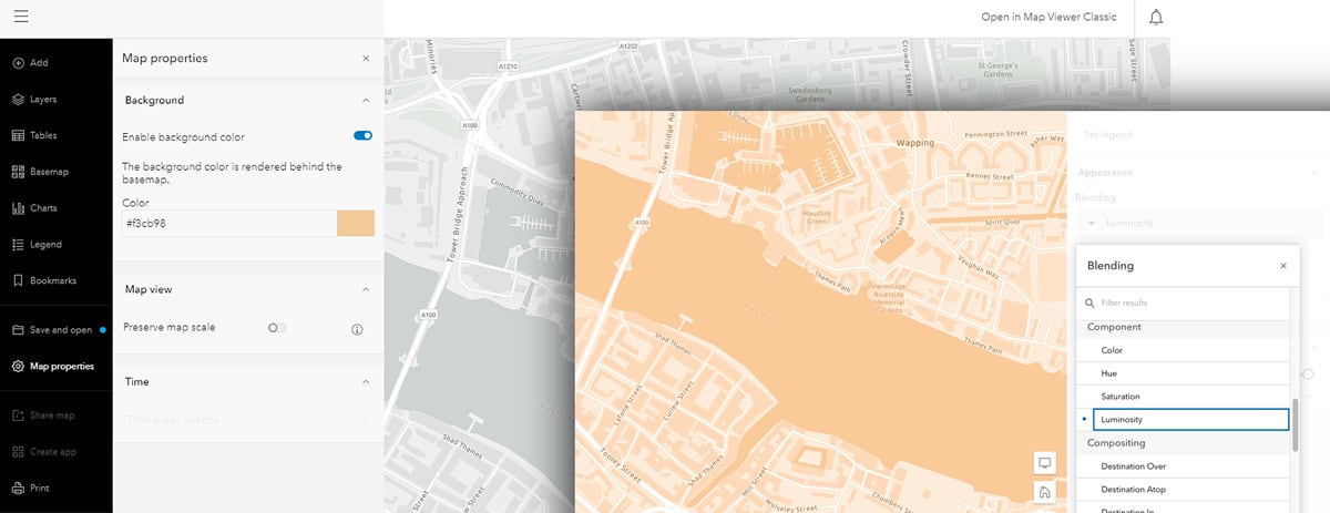 Part of Paris in the Light Gray basemap, before and after the application of color using the 'Luminosity' blend tool Part of Paris in the Light Gray basemap, before and after the application of color using the 'Luminosity' blend tool