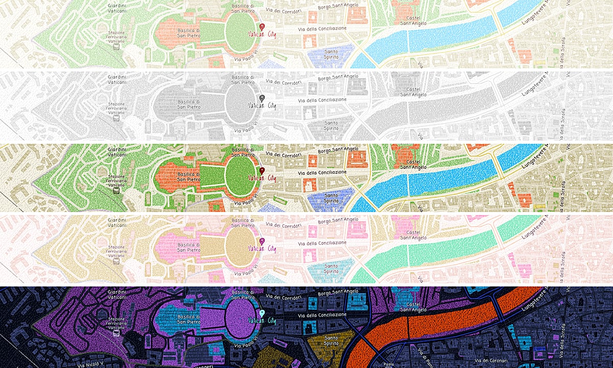 Part of Rome and Vatican City in 5 segments of the Colored Pencil map, showing the effect of the Grayscale, brightness and Contrast, Hue Rotate and Invert effects.