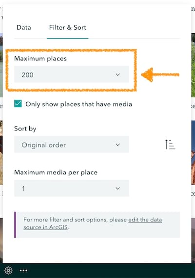 Map tour options panel showing 200 maximum tour places