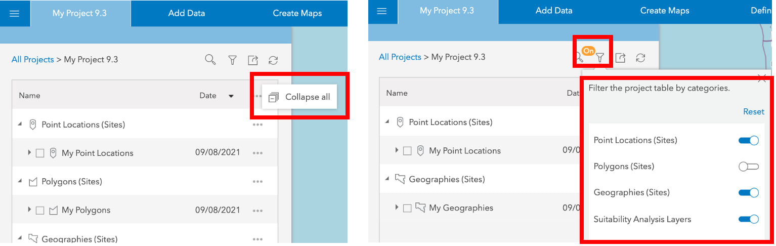 Projects Panel Visibility Options