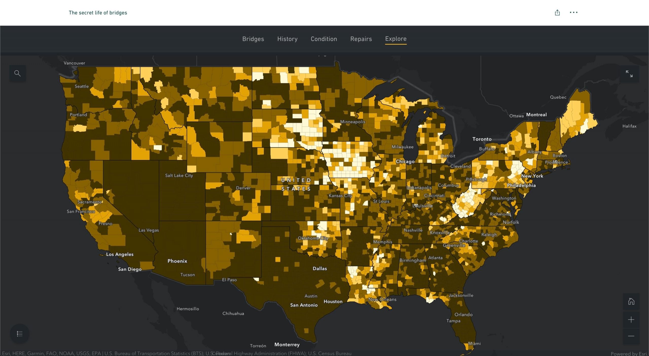A screenshot of a choropleth map rendered with the Human Geography (Dark) basemap