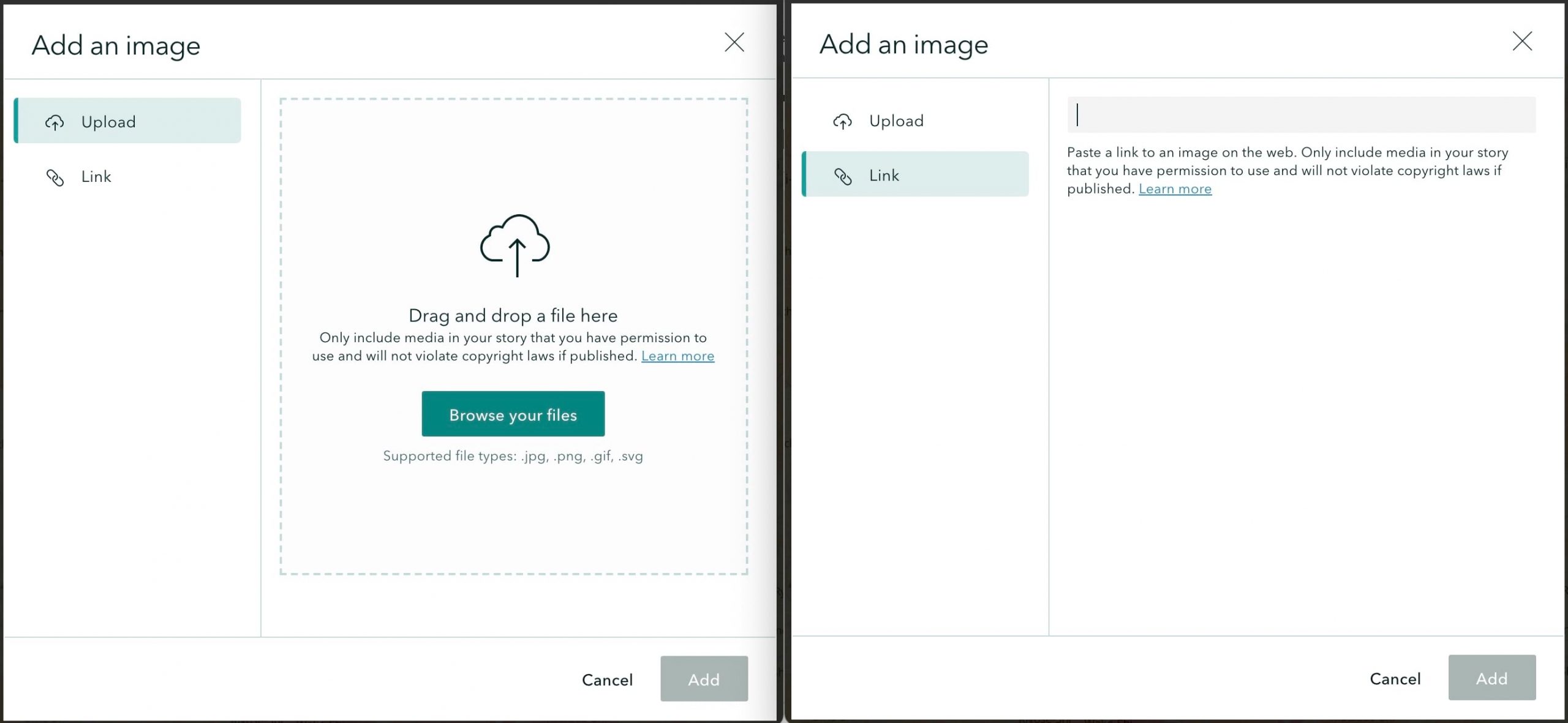 Two screenshots showing uploading and linking media. Two screenshots showing uploading and linking media.