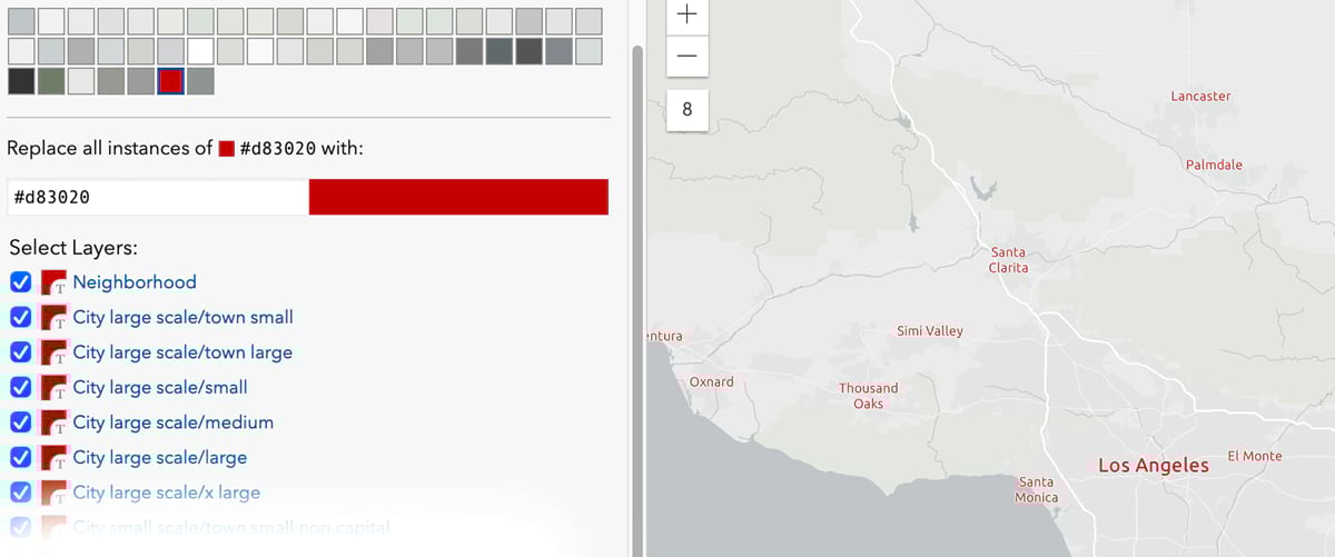 The Vector Tile Style Editor showing the "Edit by Color' option The Vector Tile Style Editor showing the "Edit by Color' option