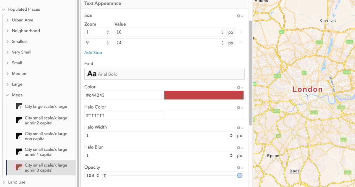The Vector Tile Style Editor showing city labels in the 'Layers' option The Vector Tile Style Editor showing city labels in the 'Layers' option