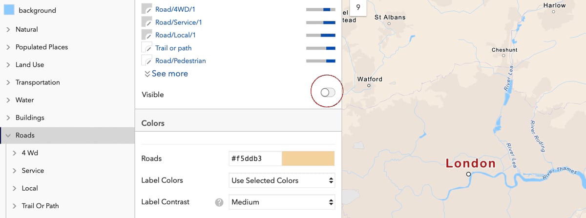 The Vector Tile Style Editor showing the location of the 'Visibility' toggle in the layers option The Vector Tile Style Editor showing the location of the 'Visibility' toggle in the layers option