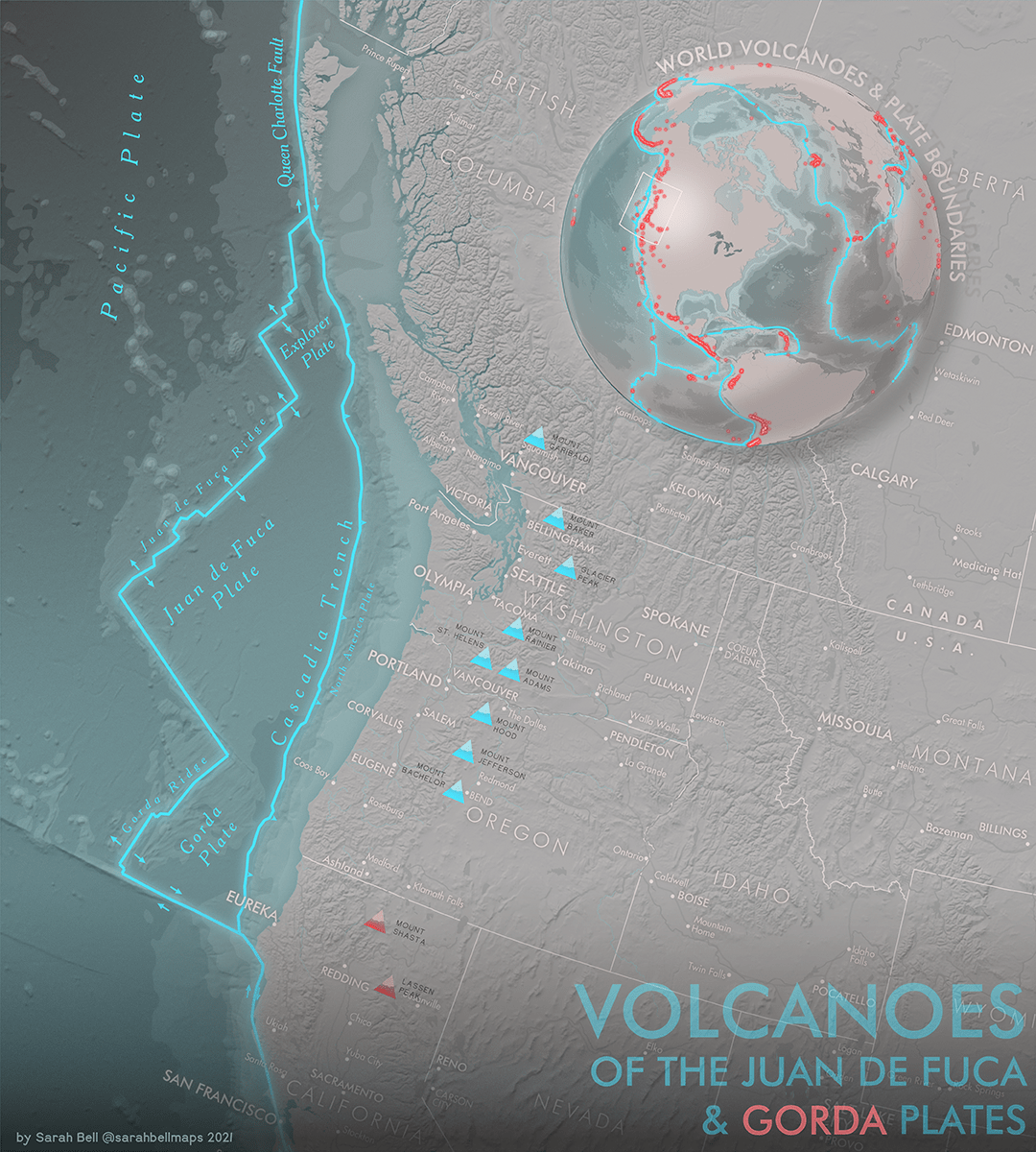 Map showing volcanoes of the Juan de Fuca and Gorda plates off North America's pacific coast