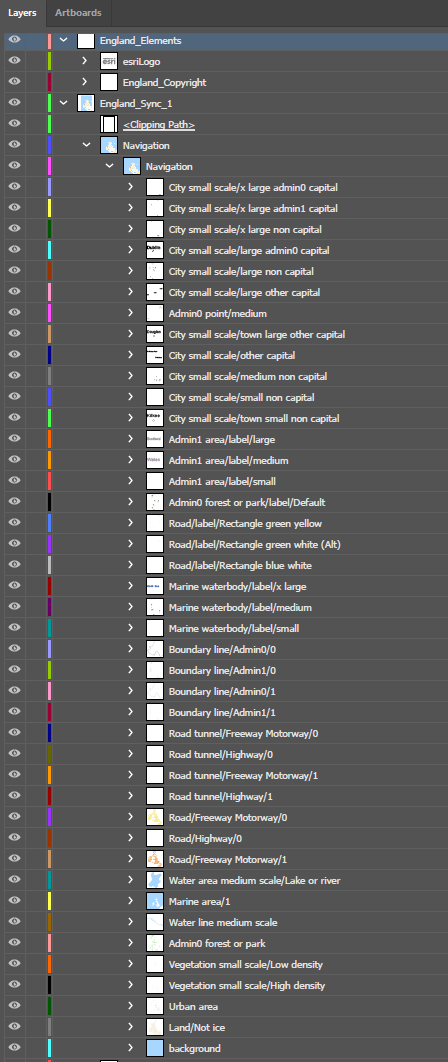 Adobe Illustrator layer list of map layers from the Navigation vector tile basemap