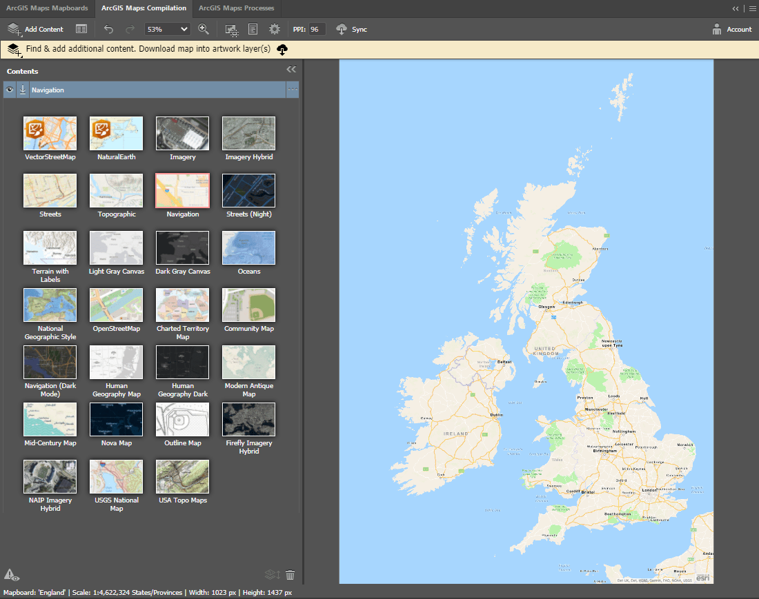 Selecting a vector tile basemap in the Maps for Adobe compilation panel