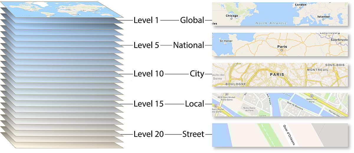 A graphic showing a stack of 23 layers, with key zoom levels picked out for examples of the map. A graphic showing a stack of 23 layers, with key zoom levels picked out for examples of the map.