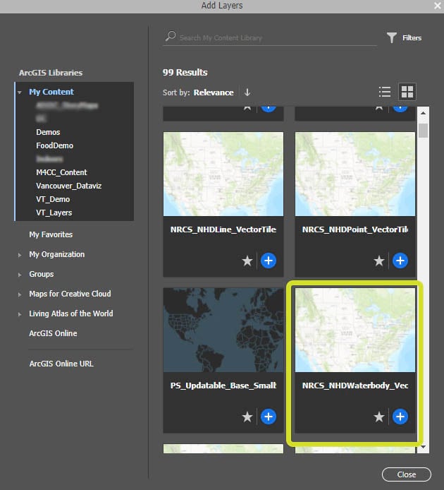 User interface adding vector tile layer to map