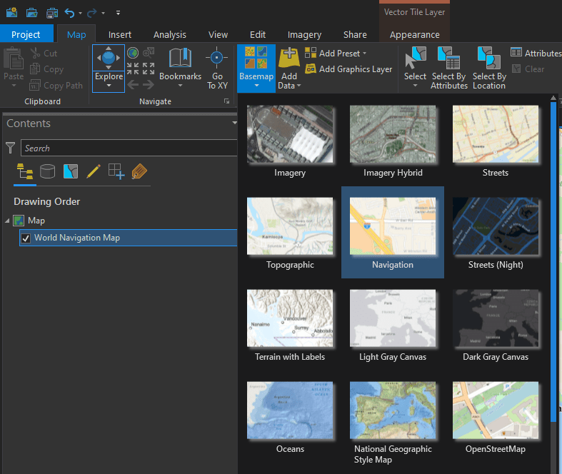 Adding navigation vector tile basemap to ArcGIS Pro map